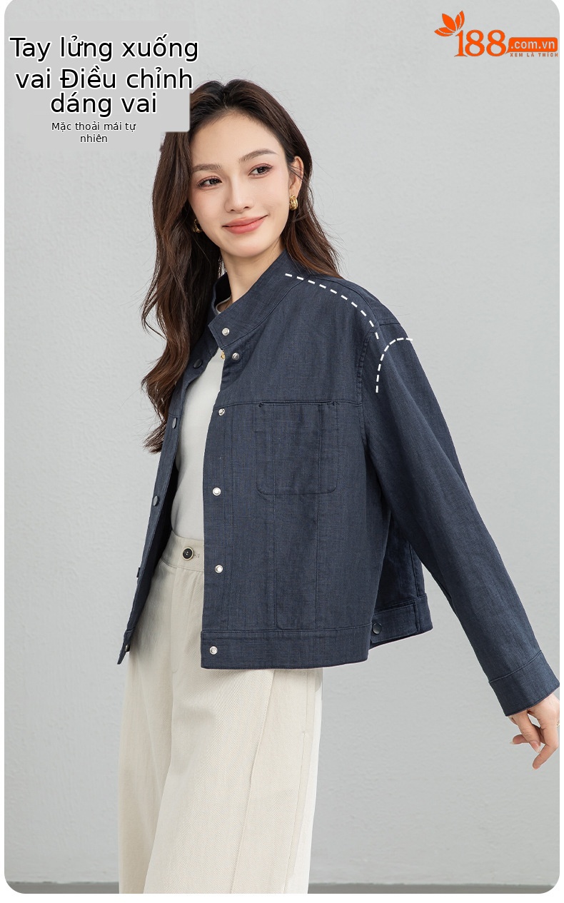 Áo khoác nữ dáng dài cổ đứng tay dài phong cách Hàn Quốc chất liệu ramie cotton thoáng mát — Xám xanh chi tiết 7