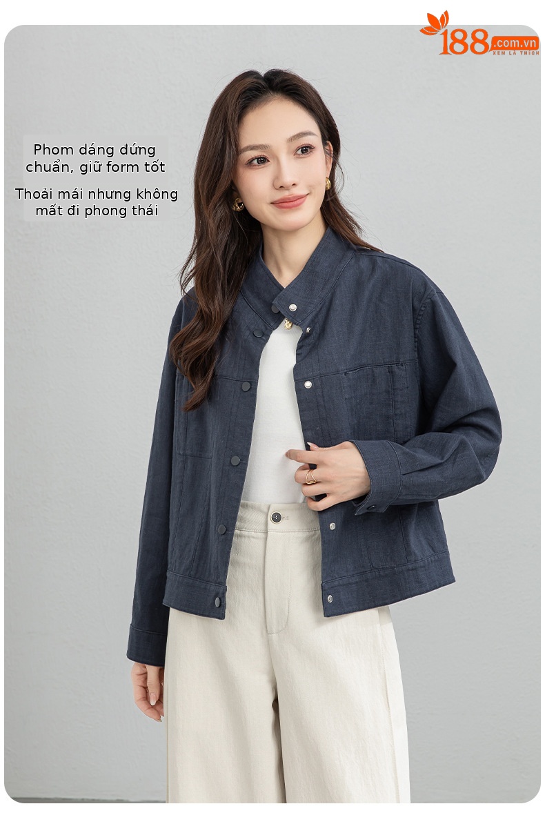 Áo khoác nữ dáng dài cổ đứng tay dài phong cách Hàn Quốc chất liệu ramie cotton thoáng mát — Xám xanh chi tiết 8