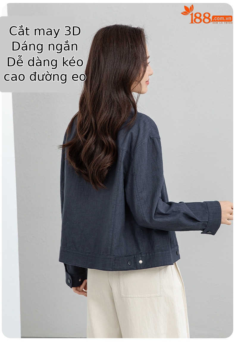 Áo khoác nữ dáng dài cổ đứng tay dài phong cách Hàn Quốc chất liệu ramie cotton thoáng mát — Xám xanh chi tiết 10
