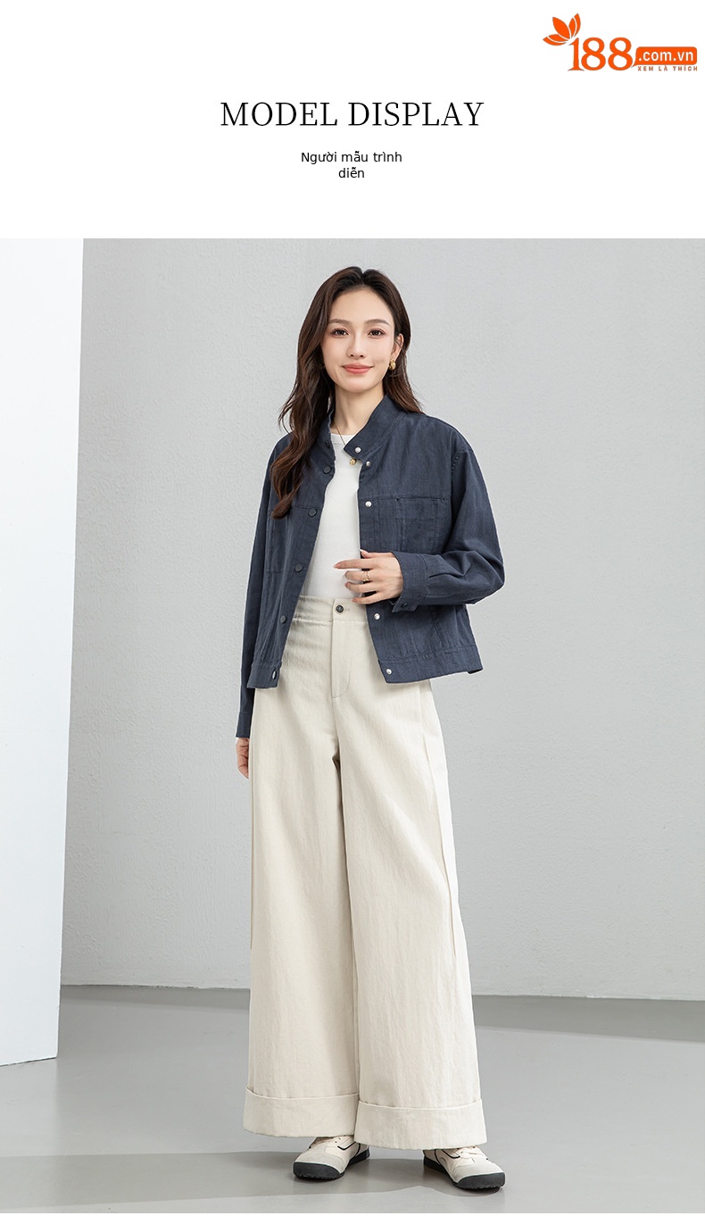 Áo khoác nữ dáng dài cổ đứng tay dài phong cách Hàn Quốc chất liệu ramie cotton thoáng mát — Xám xanh chi tiết 14