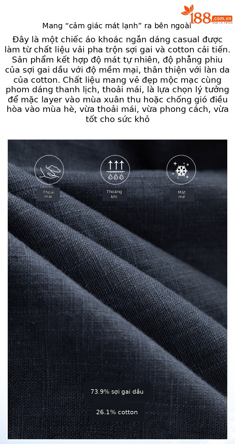 Áo khoác nữ dáng dài cổ đứng tay dài phong cách Hàn Quốc chất liệu ramie cotton thoáng mát — Xám xanh chi tiết 2
