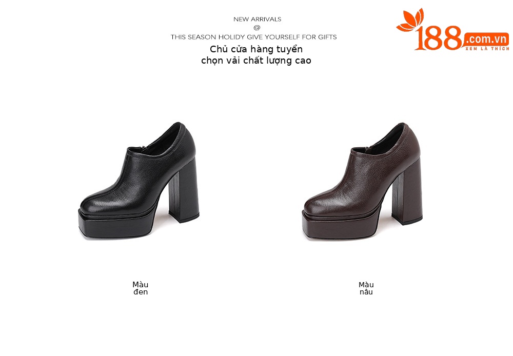 Giày cao gót nữ mũi vuông đế xuồng platform gót to bản, khóa kéo bên hông — màu nâu chi tiết 4