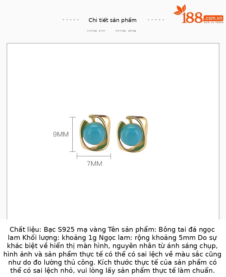 Khuyên tai bạc S925 mạ vàng đính đá turquoise hình học cá tính — Cặp đôi chi tiết 3