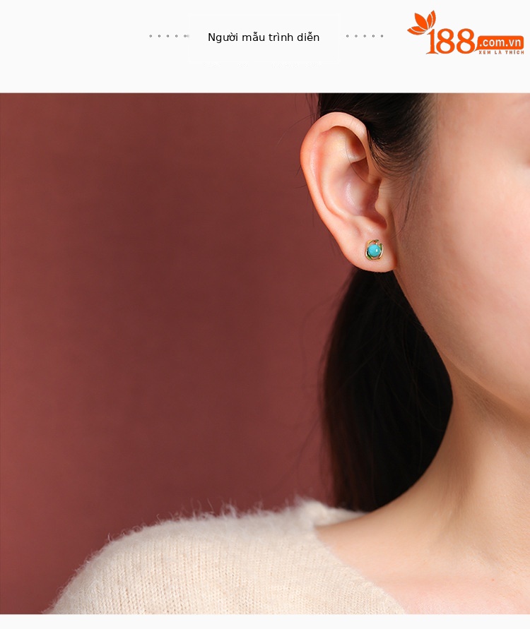 Khuyên tai bạc S925 mạ vàng đính đá turquoise hình học cá tính — Cặp đôi chi tiết 4