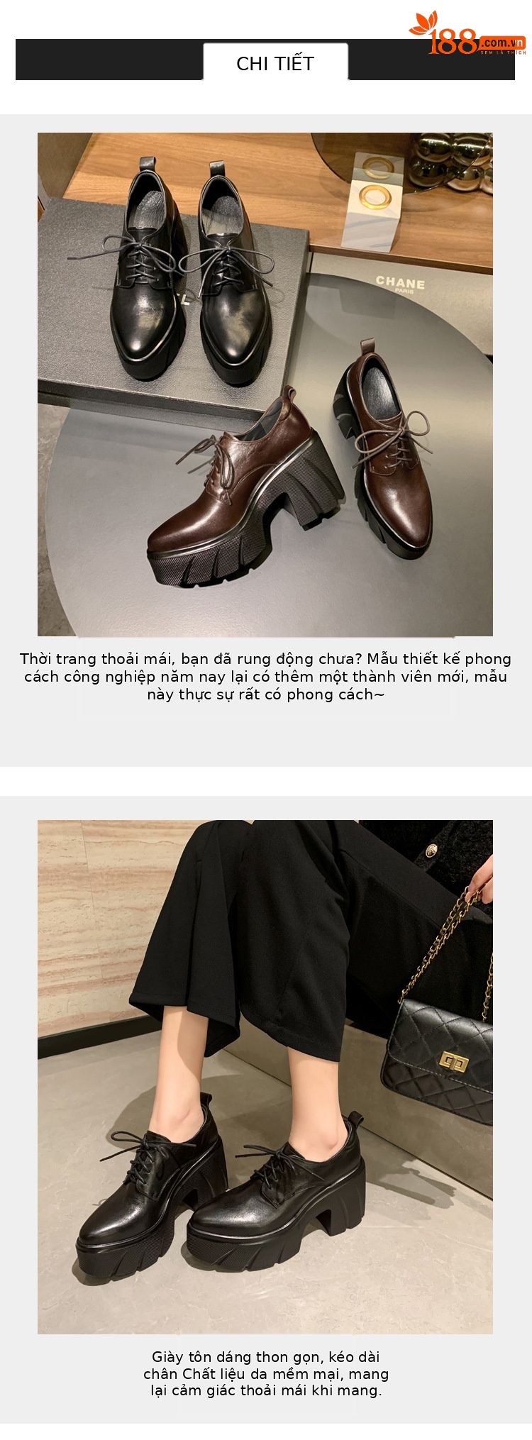 Giày loafer nữ đế xuồng cao gót buộc dây da bò thật — màu nâu chi tiết 2