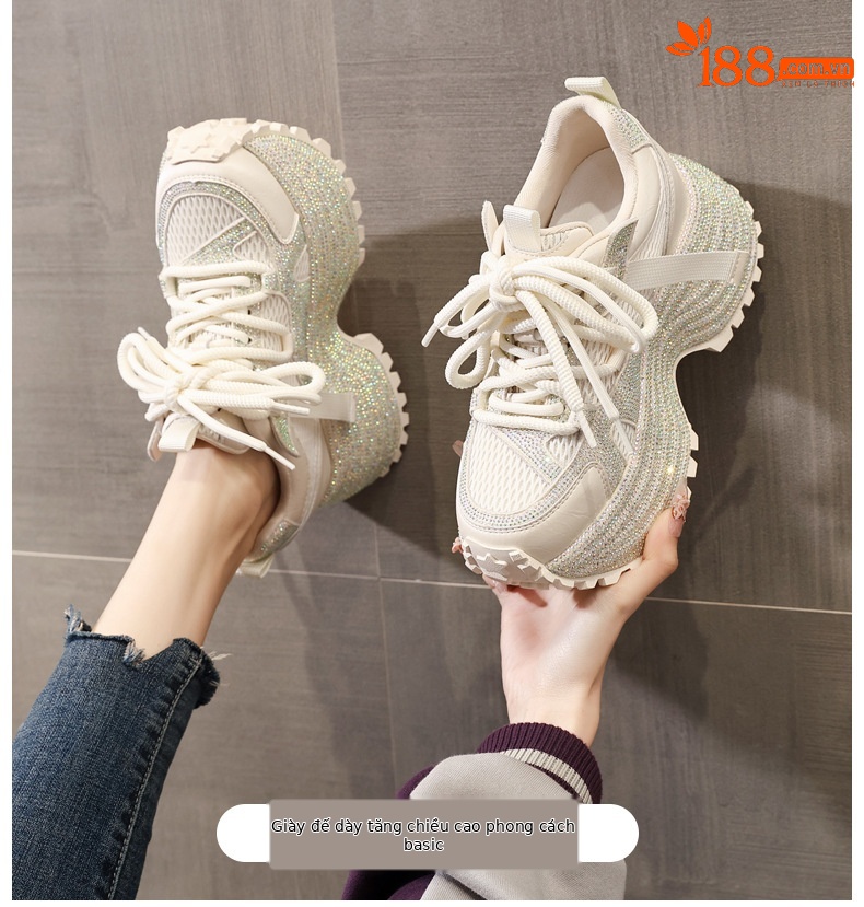 Giày sneaker nữ đế dày tăng chiều cao phối đá lấp lánh lưới thoáng khí — màu be chi tiết 1
