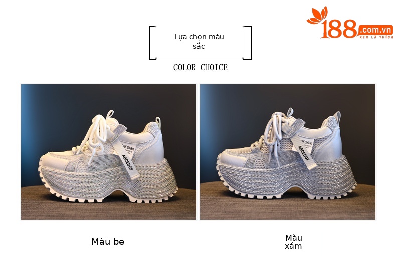 Giày sneaker nữ đế dày tăng chiều cao phối đá lấp lánh lưới thoáng khí — màu be chi tiết 2
