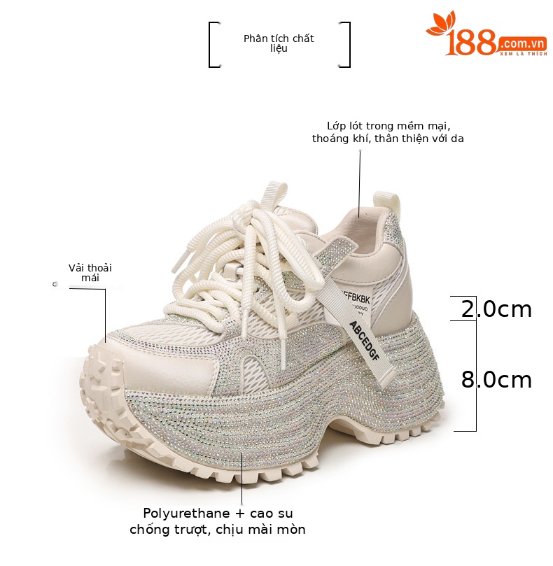 Giày sneaker nữ đế dày tăng chiều cao phối đá lấp lánh lưới thoáng khí — màu be chi tiết 3