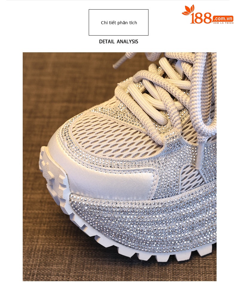 Giày sneaker nữ đế dày tăng chiều cao phối đá lấp lánh lưới thoáng khí — màu be chi tiết 7
