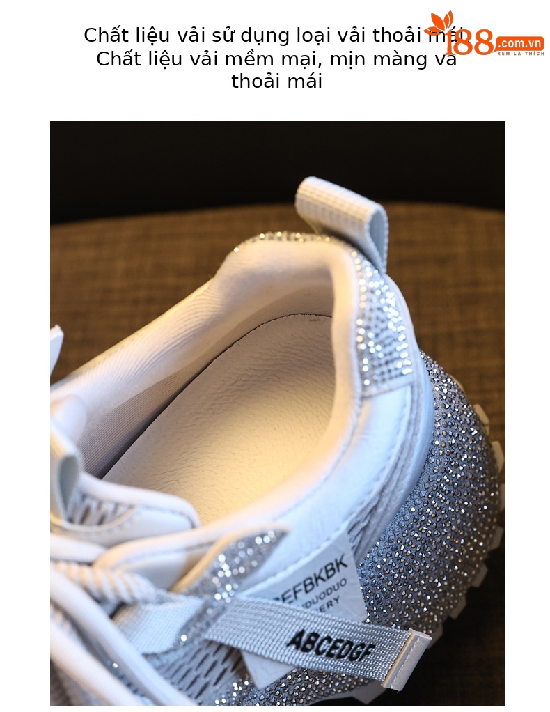 Giày sneaker nữ đế dày tăng chiều cao phối đá lấp lánh lưới thoáng khí — màu be chi tiết 8