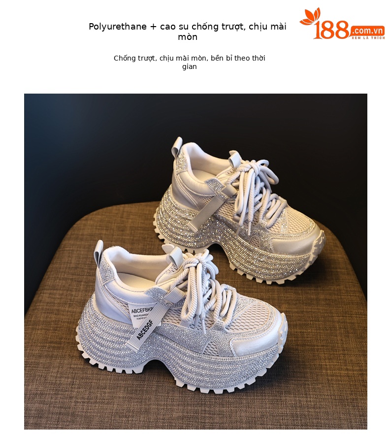 Giày sneaker nữ đế dày tăng chiều cao phối đá lấp lánh lưới thoáng khí — màu be chi tiết 10