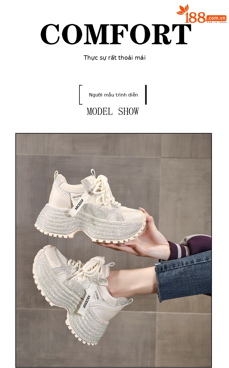 Giày sneaker nữ đế dày tăng chiều cao phối đá lấp lánh lưới thoáng khí — màu be chi tiết 11
