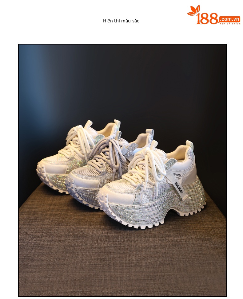 Giày sneaker nữ đế dày tăng chiều cao phối đá lấp lánh lưới thoáng khí — màu be chi tiết 18