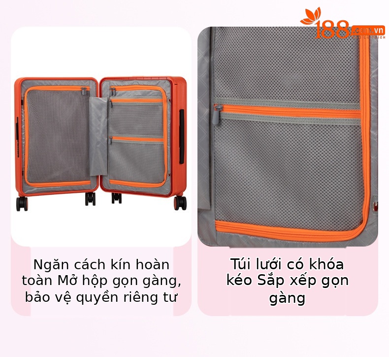 Vali nhựa PC ép phun Đức, bánh xe bi thật, mở trước, dung tích lớn, đựng được laptop, màu cam — Injection Molding PC Double vách ngăn với túi lưới màu cam chi tiết 14