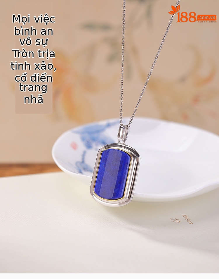 Mặt dây chuyền bạc S925 đính đá lapis lazuli phong cách vintage hình học — Mặt dây chuyền đơn (không bao gồm chuỗi) chi tiết 1
