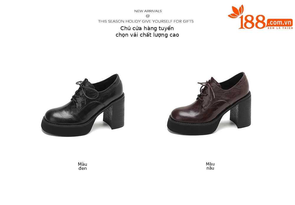Giày cao gót nữ gót vuông 10cm phong cách Anh quốc buộc dây — màu nâu chi tiết 4