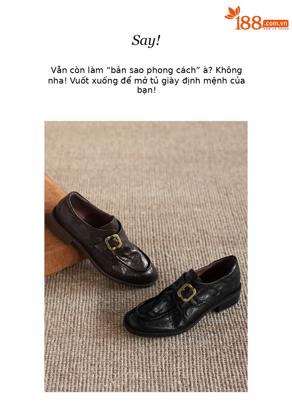 Giày loafer nữ phong cách Anh quai khóa, gót vuông thấp, mũi sâu, da bò — màu nâu chi tiết 3