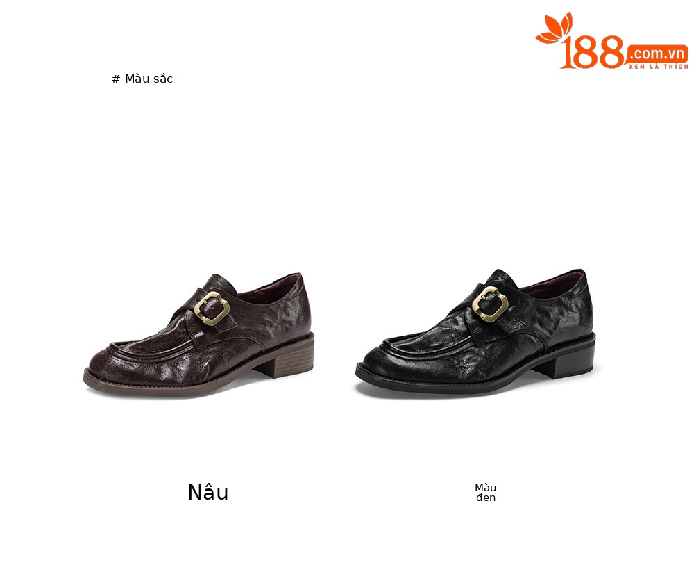 Giày loafer nữ phong cách Anh quai khóa, gót vuông thấp, mũi sâu, da bò — màu nâu chi tiết 5