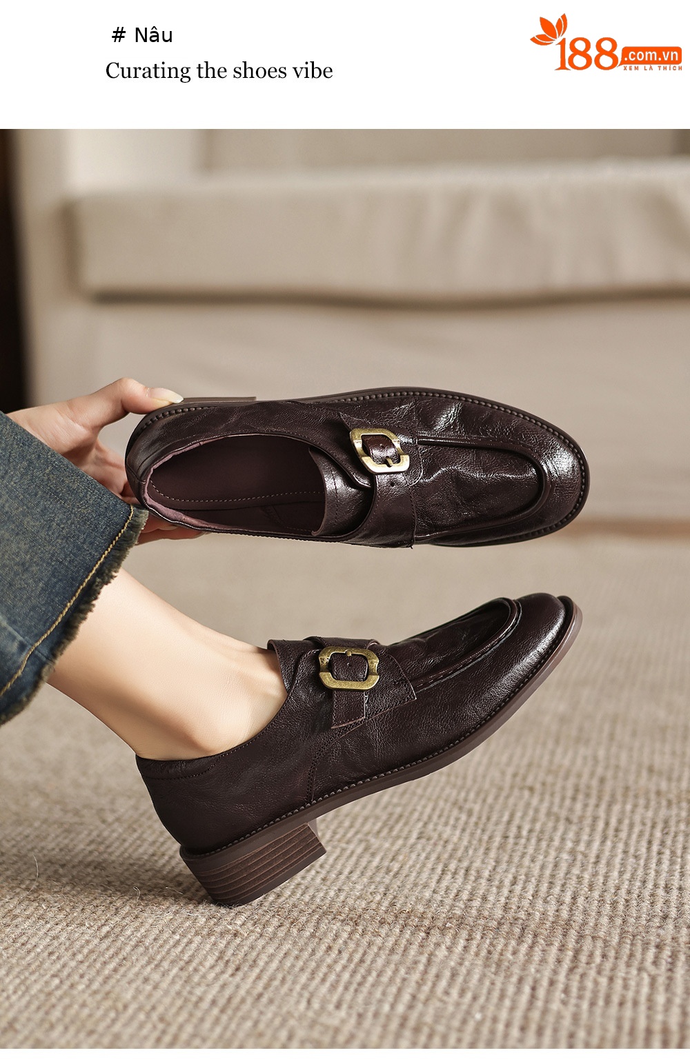 Giày loafer nữ phong cách Anh quai khóa, gót vuông thấp, mũi sâu, da bò — màu nâu chi tiết 6