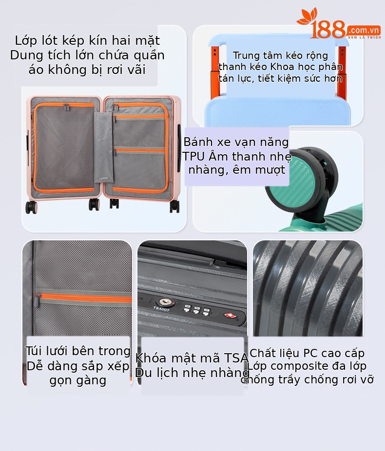 Vali nhựa PC 20 inch bánh xe xoay 360 độ mở trước, thiết kế đẹp, chứa được laptop — Injection Molding PC Double vách ngăn với túi lưới màu cam chi tiết 7