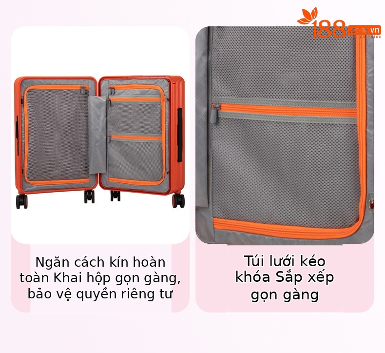 Vali nhựa PC 20 inch bánh xe xoay 360 độ mở trước, thiết kế đẹp, chứa được laptop — Injection Molding PC Double vách ngăn với túi lưới màu cam chi tiết 14