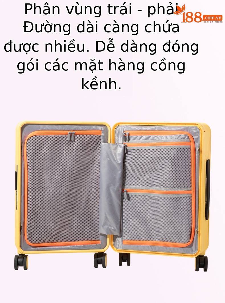 Vali nhựa PC 20 inch bánh xe xoay 360 độ mở trước, thiết kế đẹp, chứa được laptop — Injection Molding PC Double vách ngăn với túi lưới màu cam chi tiết 15