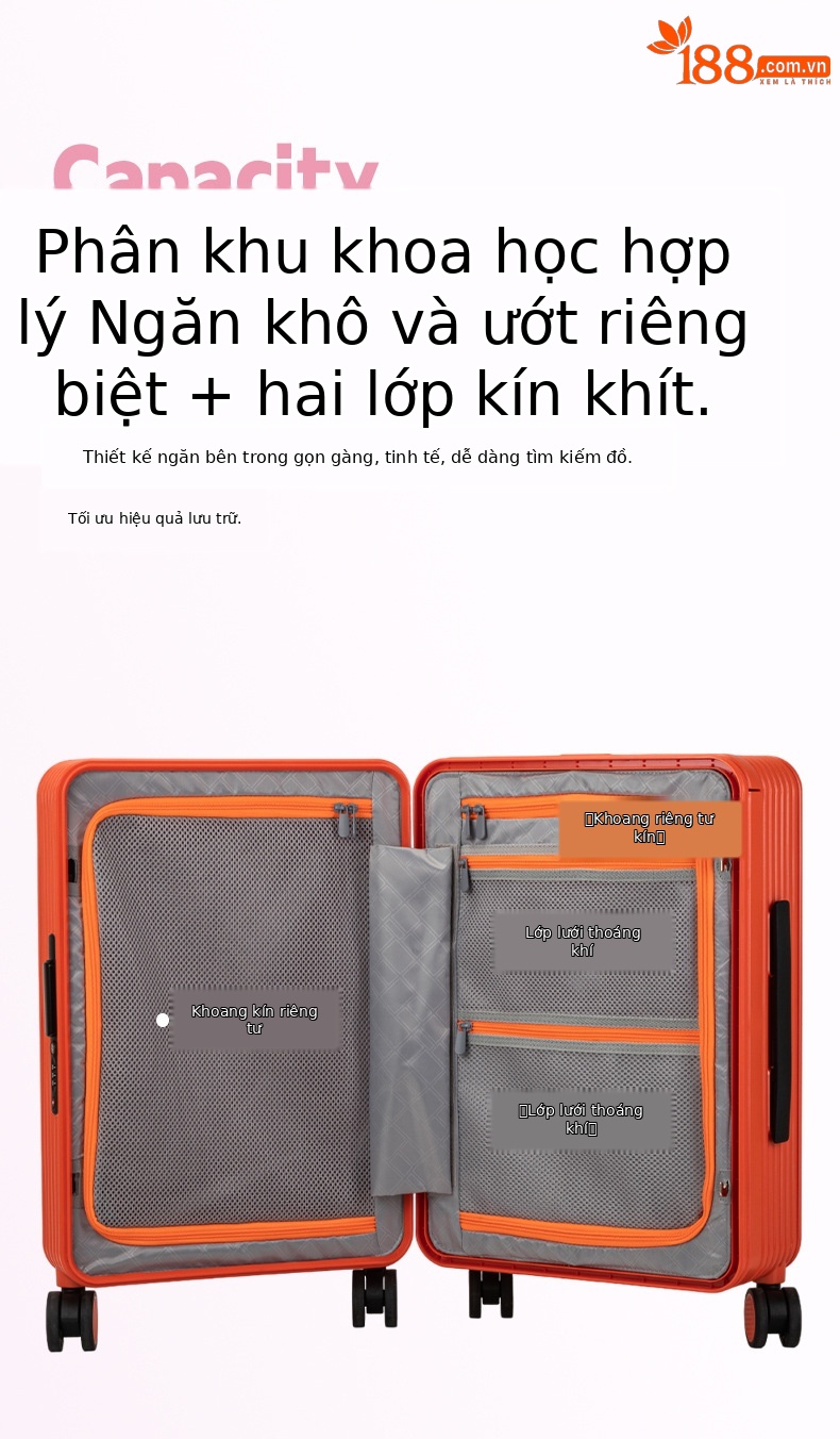 Vali nhựa PC 20 inch bánh xe xoay 360 độ mở trước, thiết kế đẹp, chứa được laptop — Injection Molding PC Double vách ngăn với túi lưới màu cam chi tiết 13