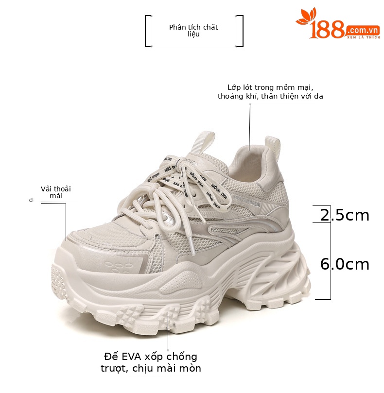 Giày sneaker nữ đế dày chunky lưới thoáng khí tăng chiều cao — màu be chi tiết 2