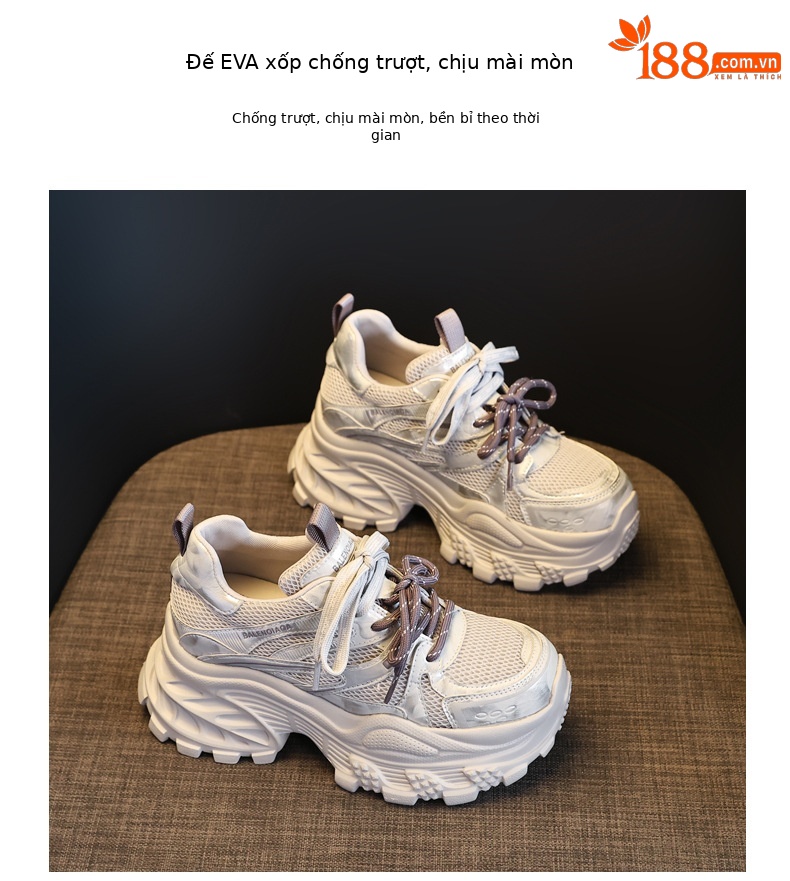 Giày sneaker nữ đế dày chunky lưới thoáng khí tăng chiều cao — màu be chi tiết 9