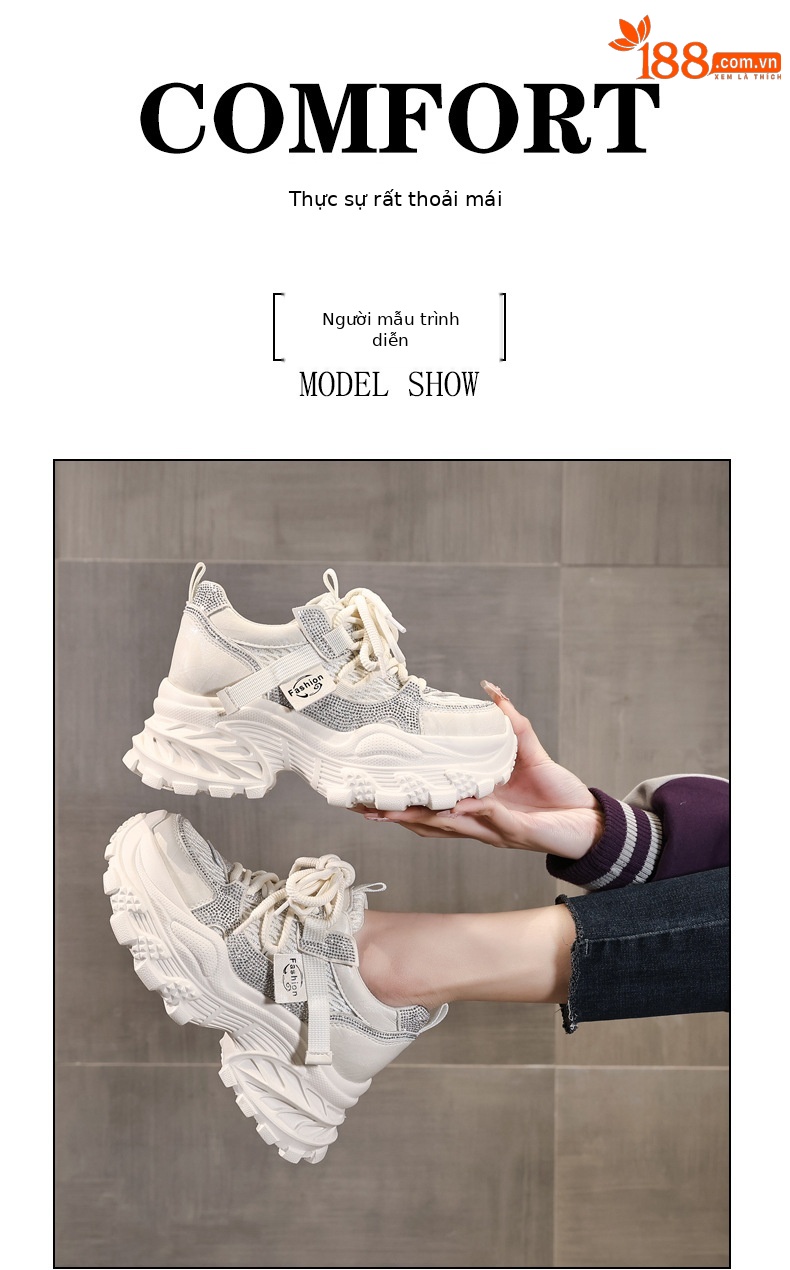 Giày sneaker nữ đế dày chunky lưới thoáng khí tăng chiều cao — màu be chi tiết 10