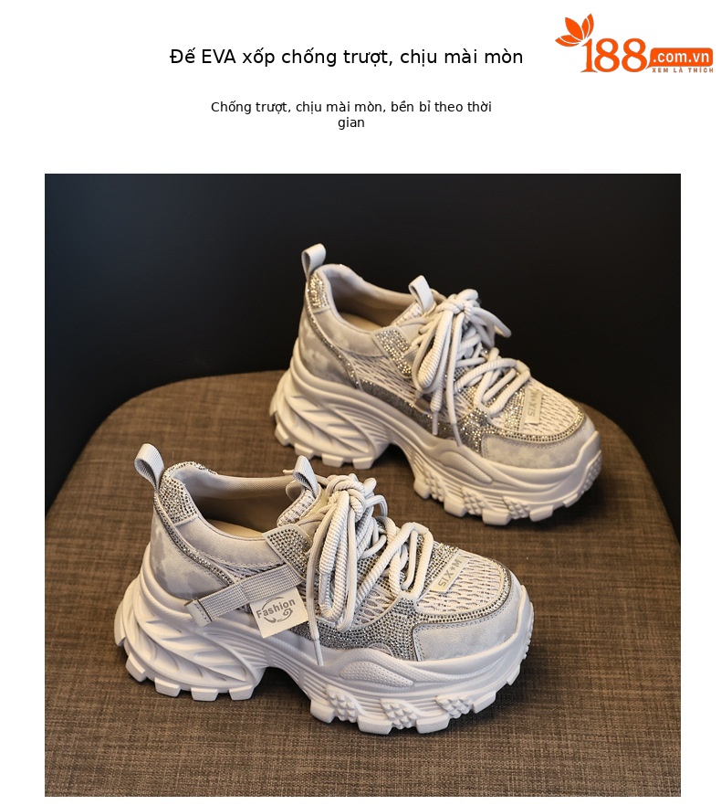 Giày sneaker nữ chunky đế dày lưới thoáng khí — màu be chi tiết 9