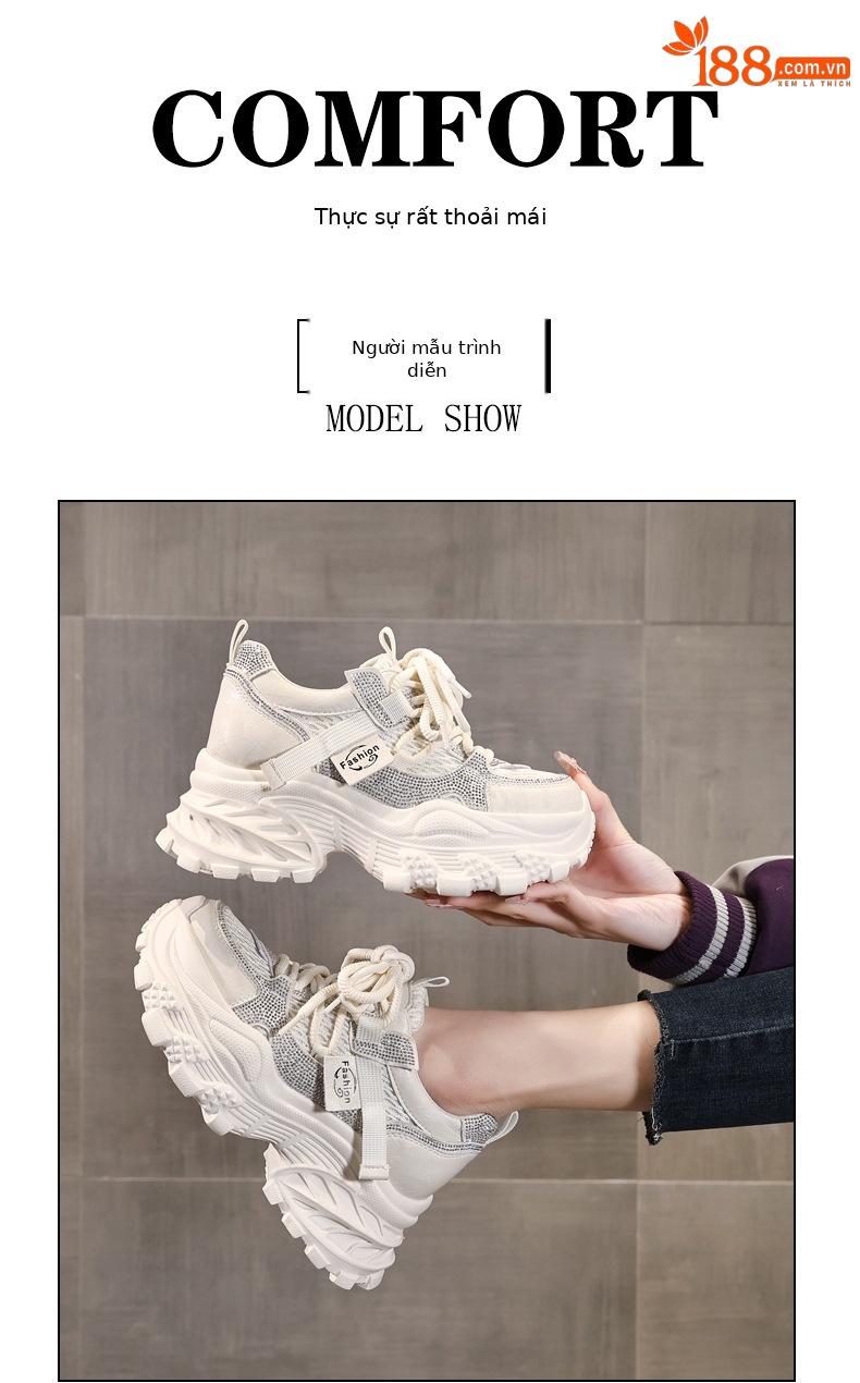 Giày sneaker nữ chunky đế dày lưới thoáng khí — màu be chi tiết 10
