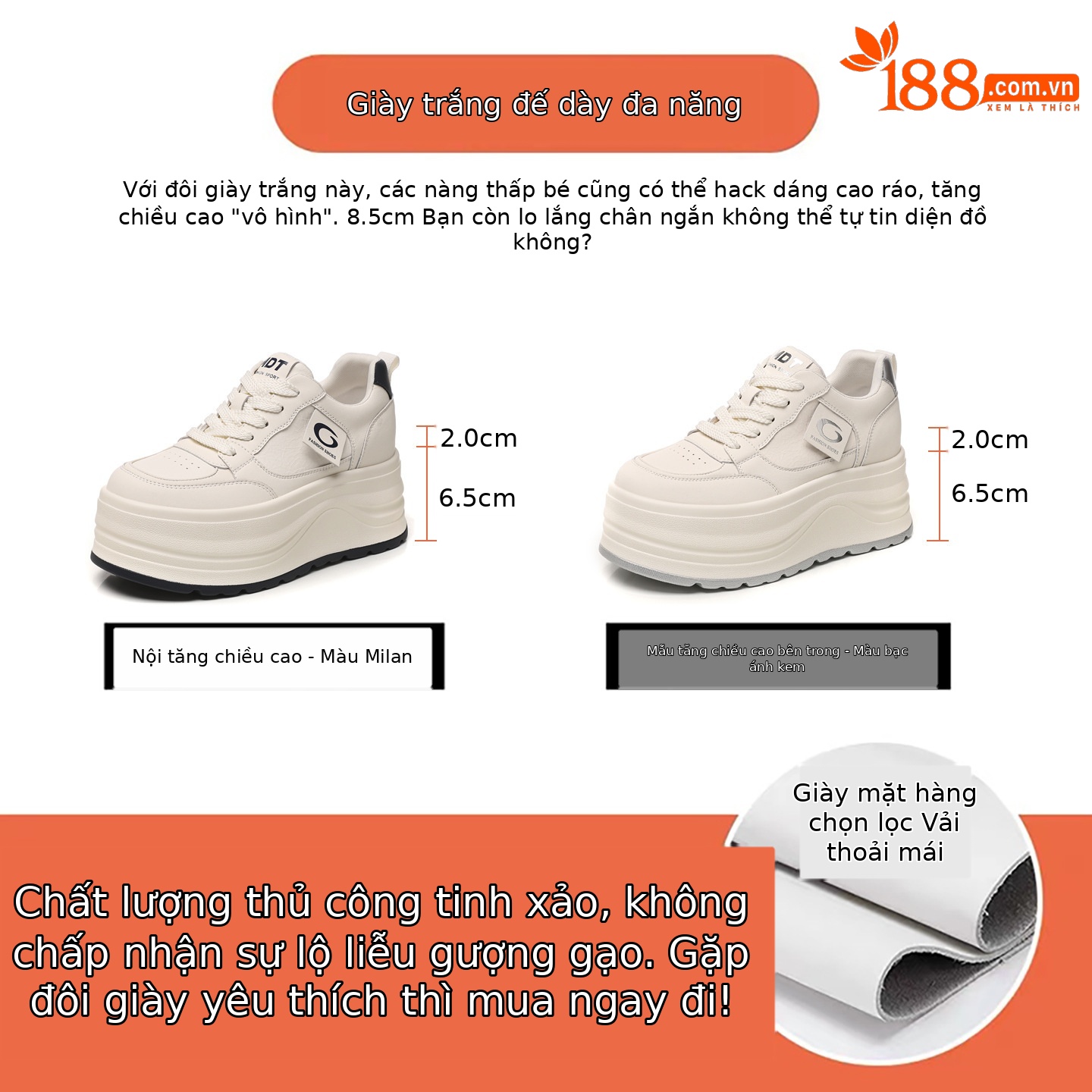 Giày thể thao nữ đế dày tăng chiều cao, đế mềm trắng basic — màu sắc