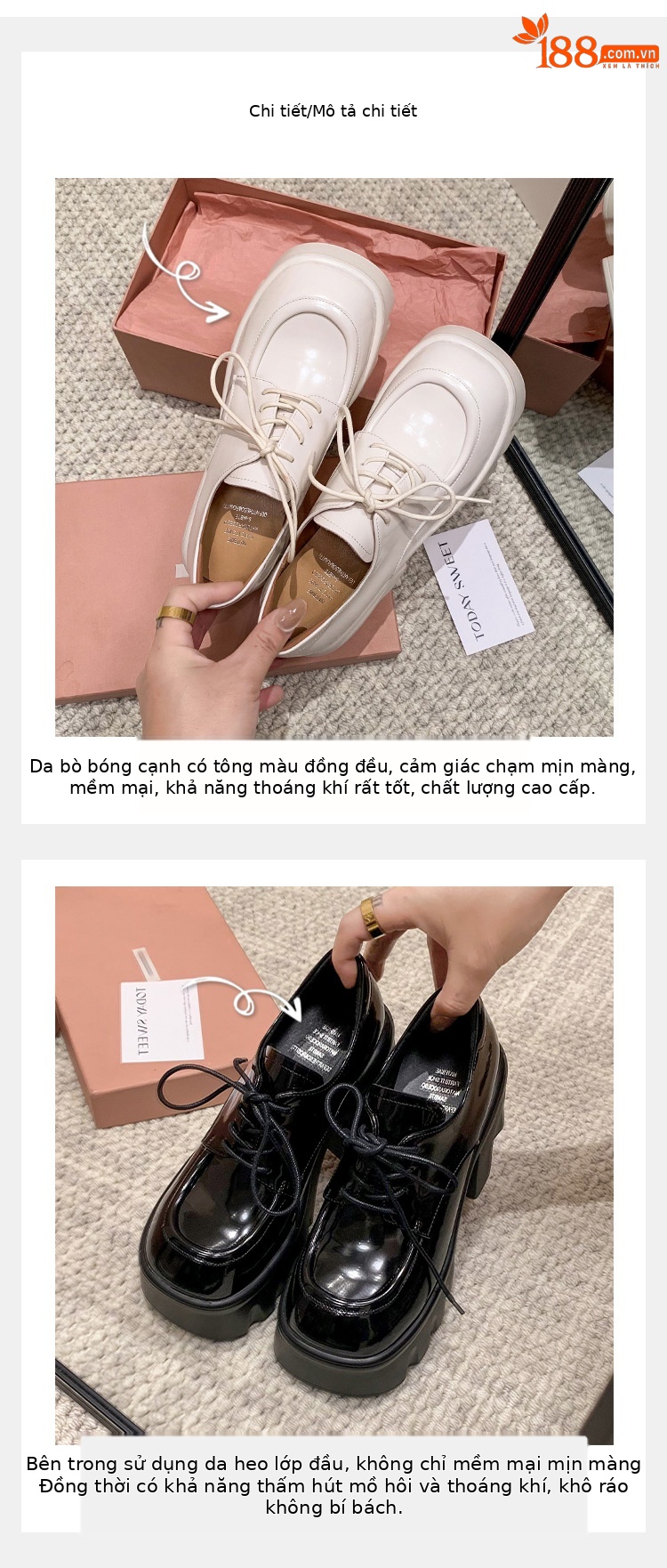 Giày loafer nữ đế xuồng platform gót vuông dây buộc da thật — màu đen, màu trắng ngà chi tiết 2