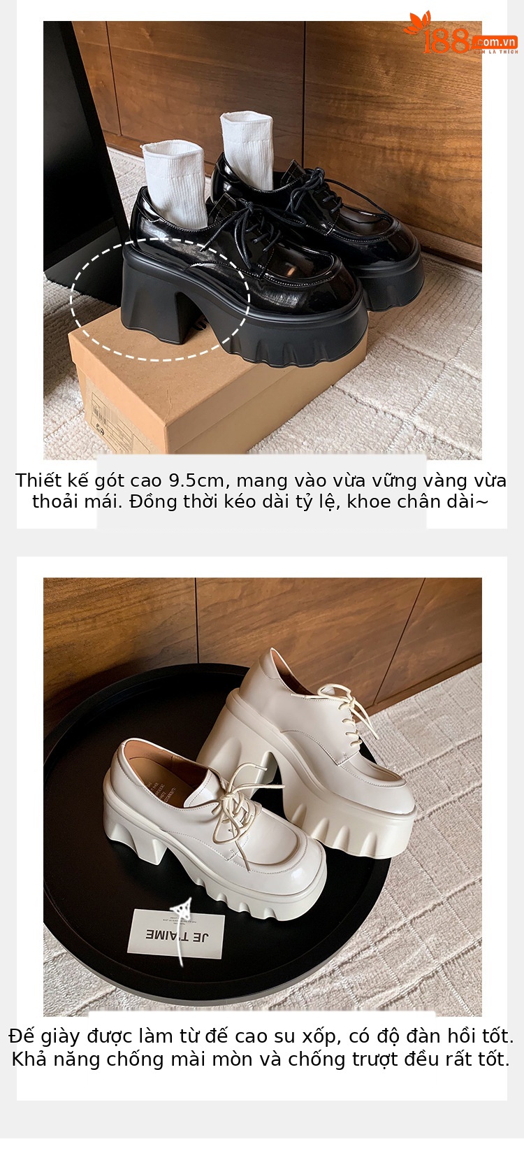 Giày loafer nữ đế xuồng platform gót vuông dây buộc da thật — màu đen, màu trắng ngà chi tiết 3