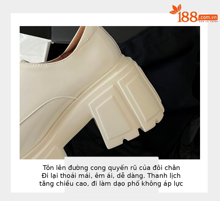 Giày cao gót nữ gót vuông ổn định, mũi tròn, quai dây buộc, họa tiết hoa sơn trà, đế dày tăng chiều cao — màu đen, màu trắng ngà chi tiết 7