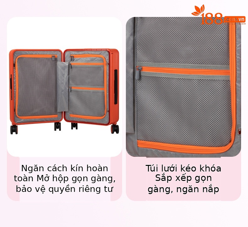 Vali nhựa PC ép phun bánh xe vòng bi vạn năng, ngăn đựng laptop, màu trơn cao cấp — Injection Molding PC Double vách ngăn với túi lưới màu cam chi tiết 14