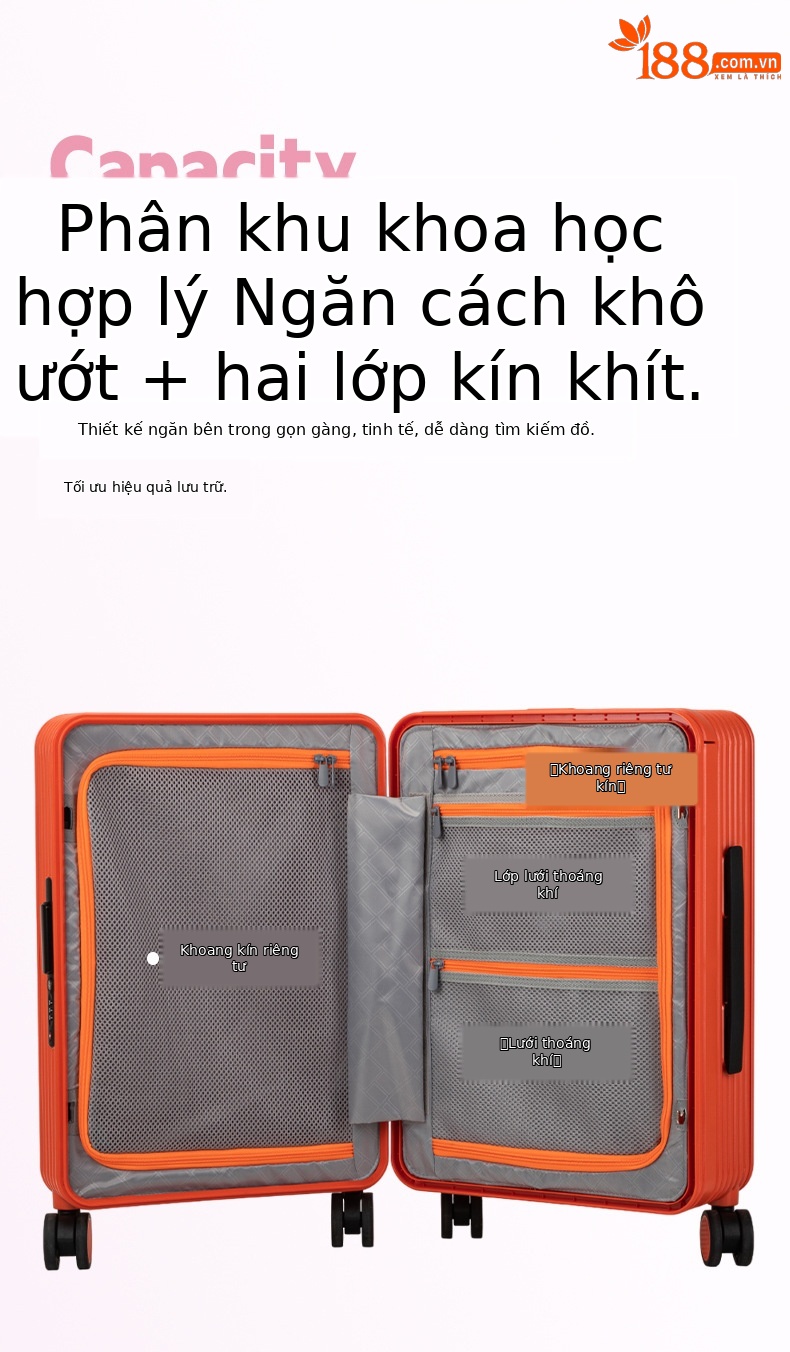 Vali nhựa PC ép phun bánh xe vòng bi vạn năng, ngăn đựng laptop, màu trơn cao cấp — Injection Molding PC Double vách ngăn với túi lưới màu cam chi tiết 13