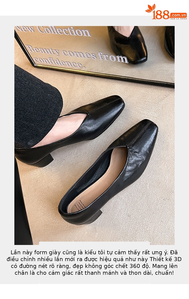Giày nữ da bò gót vuông cổ V mũi nhọn, phong cách bà nội (granny shoes) đế thấp, đi làm hằng ngày — màu nâu chi tiết 9