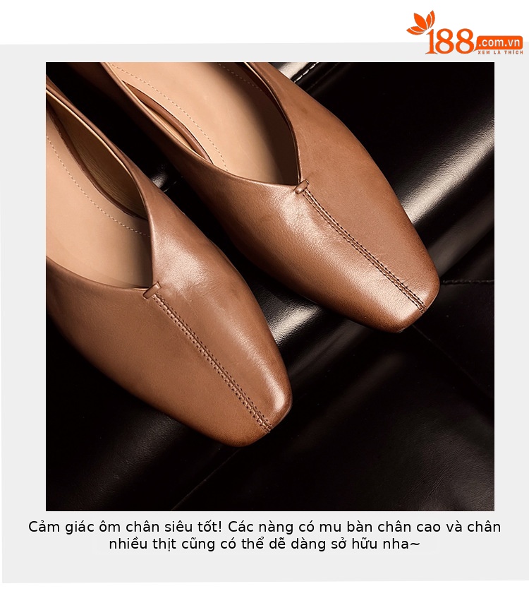 Giày nữ da bò gót vuông cổ V mũi nhọn, phong cách bà nội (granny shoes) đế thấp, đi làm hằng ngày — màu nâu chi tiết 10