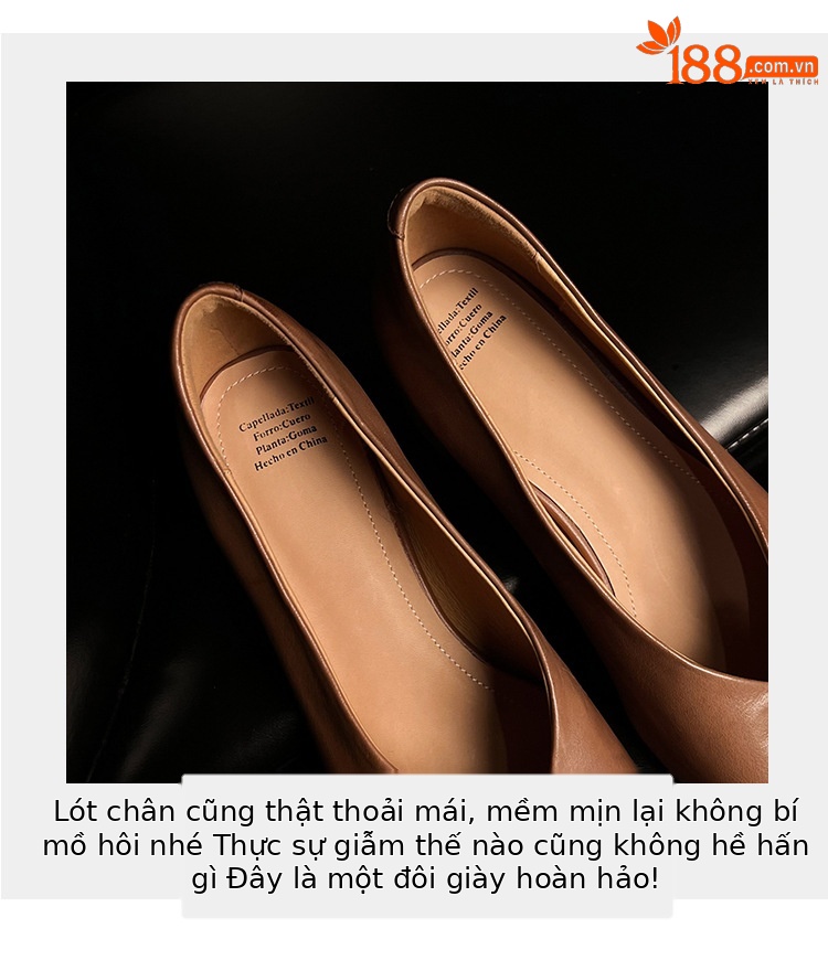 Giày nữ da bò gót vuông cổ V mũi nhọn, phong cách bà nội (granny shoes) đế thấp, đi làm hằng ngày — màu nâu chi tiết 11