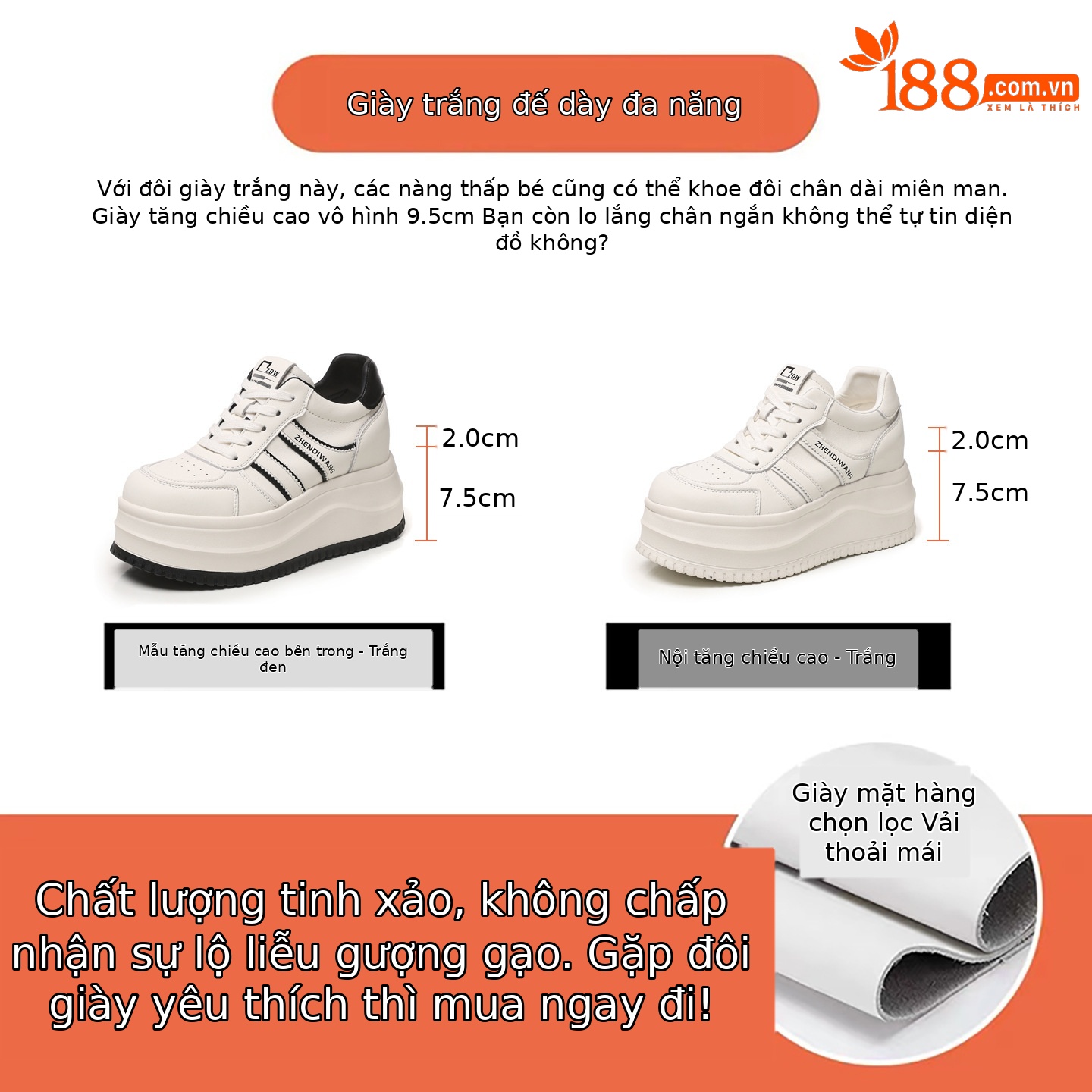 Giày sneaker nữ chunky đế dày phong cách Hàn Quốc, tăng chiều cao, màu trắng basic — màu trắng