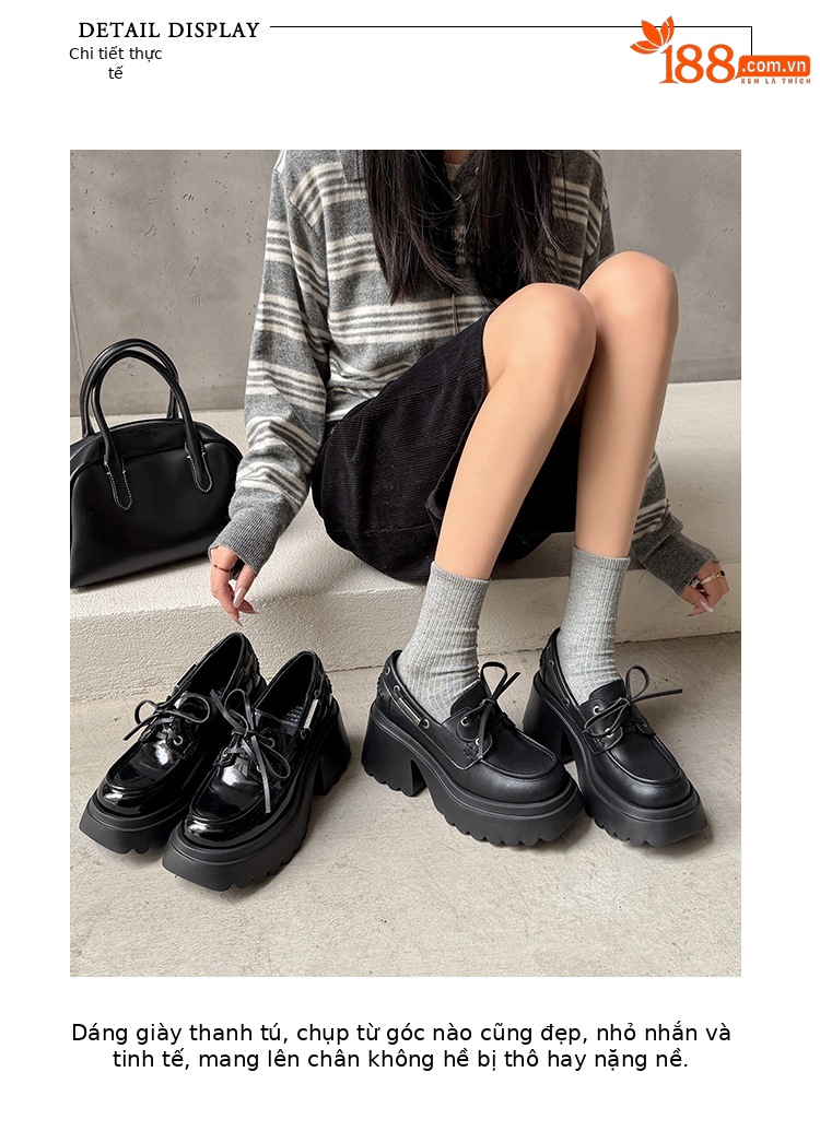 Giày loafer nữ đế xuồng platform dây buộc phong cách Anh quốc – mũi sâu, da bóng, gót 5 cm — Đen (bóng), Đen (mờ) chi tiết 1