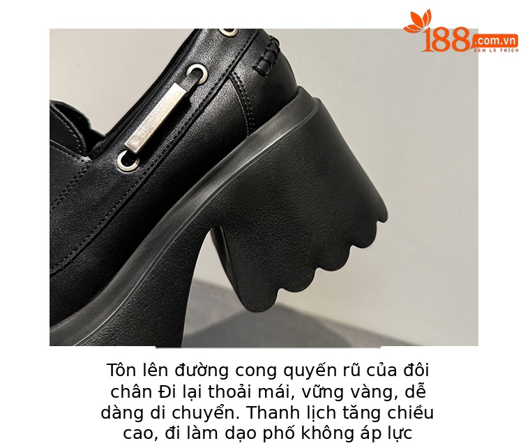 Giày loafer nữ đế xuồng platform dây buộc phong cách Anh quốc – mũi sâu, da bóng, gót 5 cm — Đen (bóng), Đen (mờ) chi tiết 4