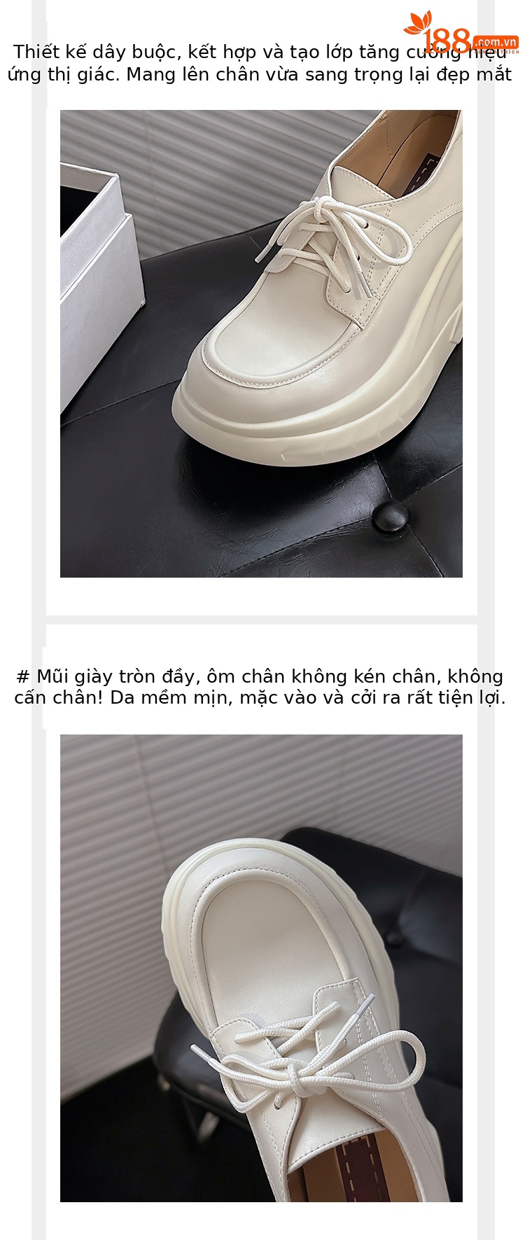 Giày cao gót nữ đế xuồng platform da thật mũi tròn buộc dây — màu đen chi tiết 6