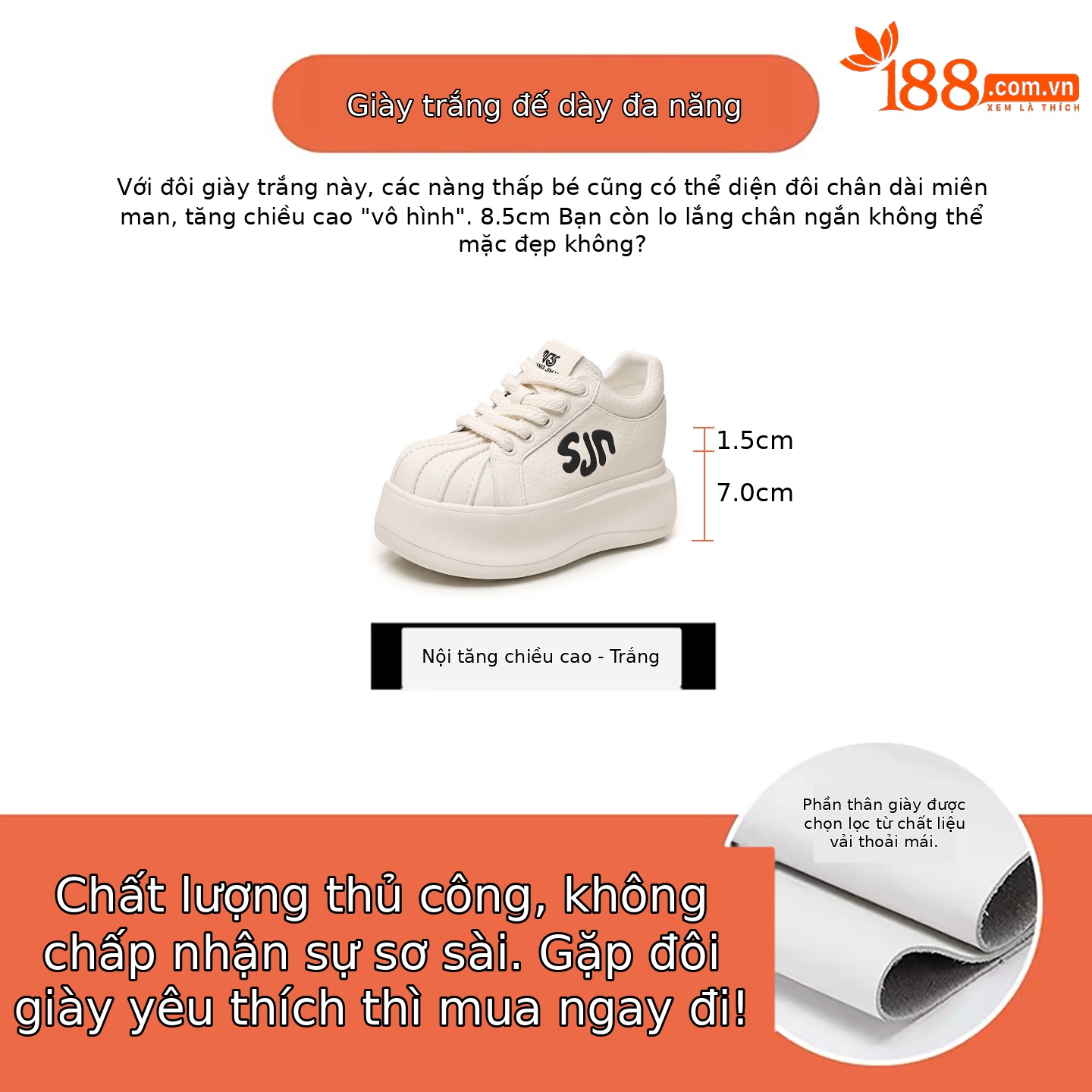 Giày sneaker nữ đế dày tăng chiều cao phong cách thời trang đa năng — màu trắng