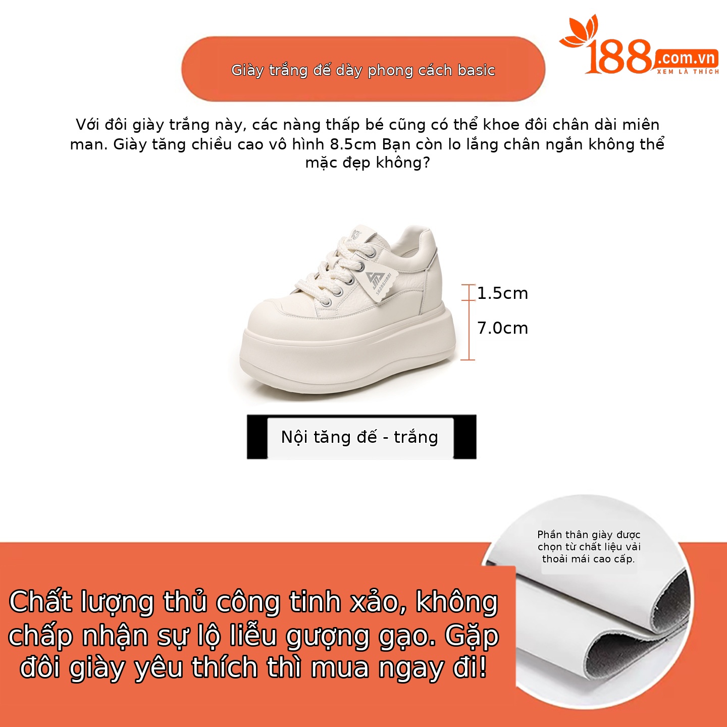 Giày sneaker nữ đế dày tăng chiều cao siêu nhẹ phong cách thể thao — màu trắng