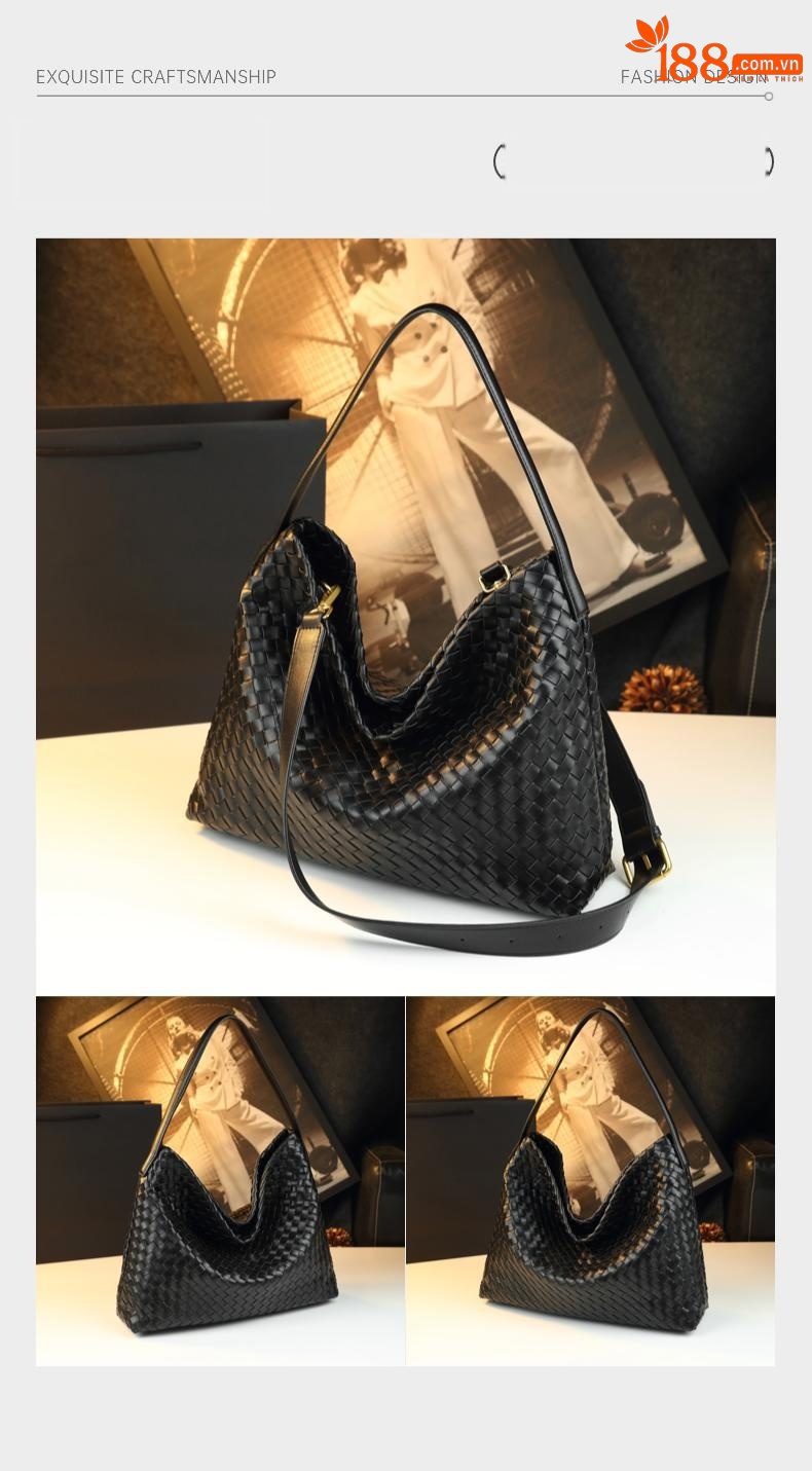 Túi tote da nữ đáy rộng phong cách BV dệt chéo — đen, Rượu vang đỏ, Màu xanh lá cây, Xám mờ chi tiết 7