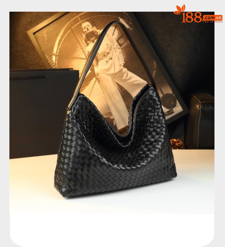 Túi tote da nữ đáy rộng phong cách BV dệt chéo — đen, Rượu vang đỏ, Màu xanh lá cây, Xám mờ chi tiết 9
