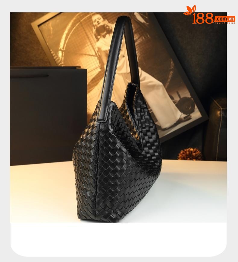 Túi tote da nữ đáy rộng phong cách BV dệt chéo — đen, Rượu vang đỏ, Màu xanh lá cây, Xám mờ chi tiết 10